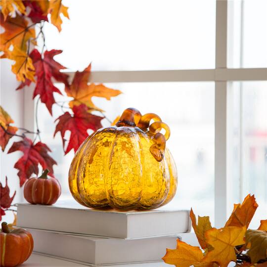 Glitzhome® Crackle Glass Pumpkin, Amber